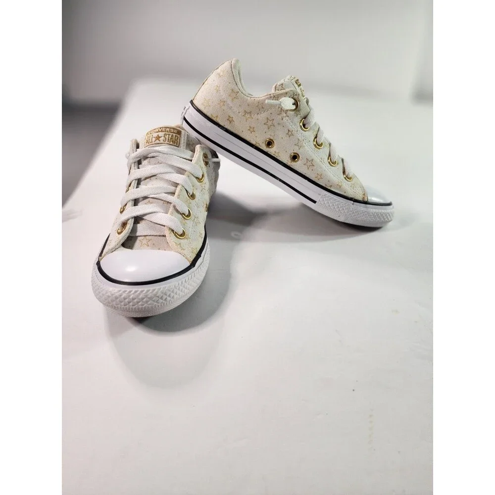 Converse Chuck Taylor All Star Low Top Cream Gold Star Print Sneakers Girls...
